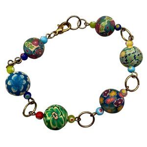 Vintage Multicolor Floral Round Beaded Bangle Bracelet Gold Tone Colorful